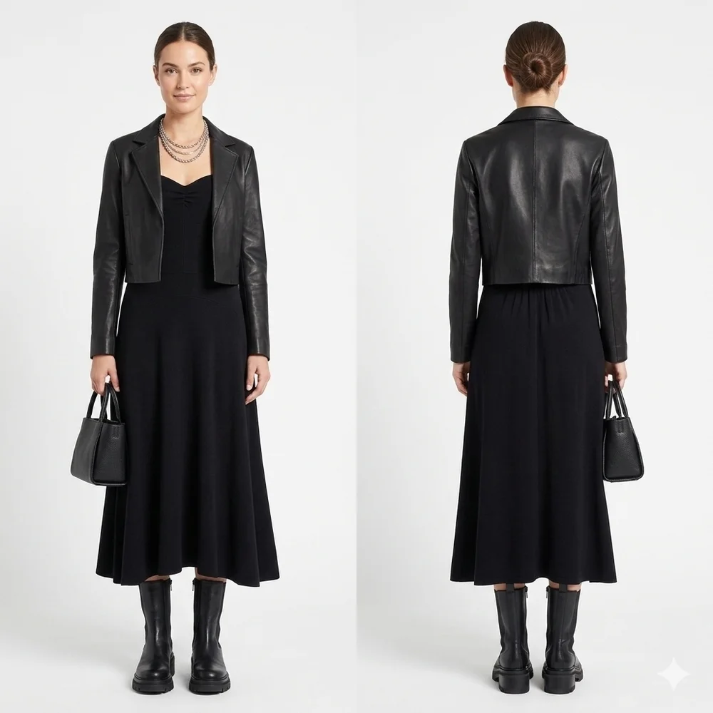 Vince Black Ruched Sweetheart Neck Long Sleeve Flare Midi Dress Size 10 - Picture 5 of 9